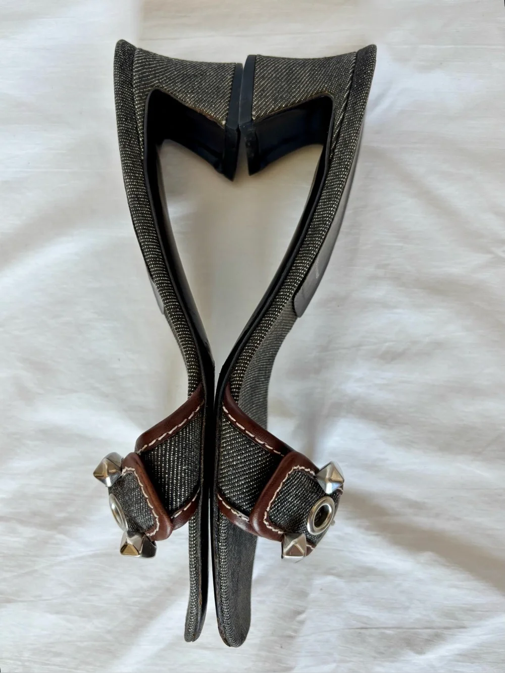PRADA VINTAGE Silver Buckle Dark Blue Denim Leather Slide Sandals IT Size 38 1/2